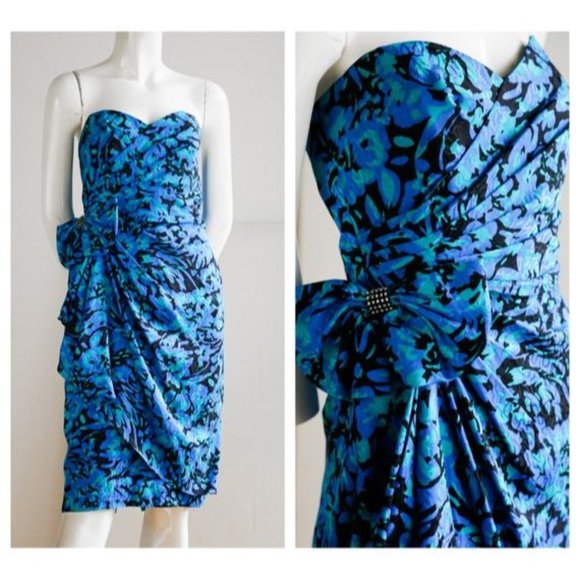 Unbranded | Vintage Dresses & Skirts - BOGO FREE - Fine Blue Floral Embossed Silk Ruched Detail Dress